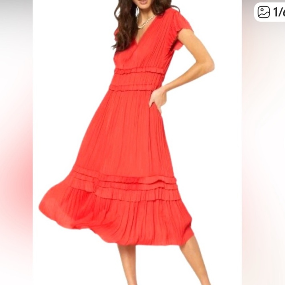Current Air Coral Red Pleated Midi Dress